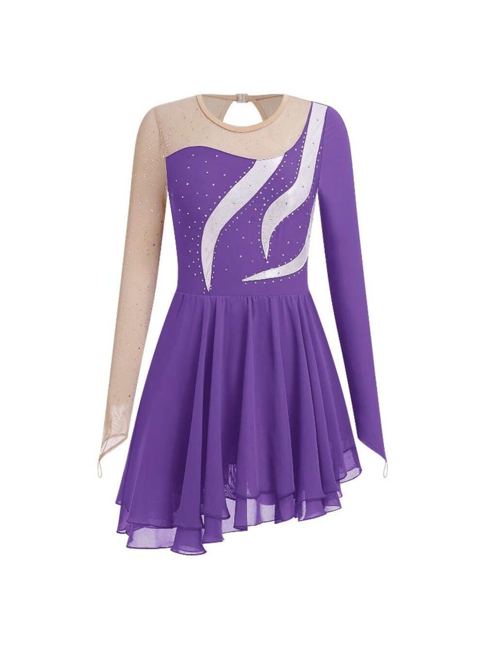 Ice Skating Dress SSparkly Beads Long Sleeve Chiffon Skirt Figure Adult XS